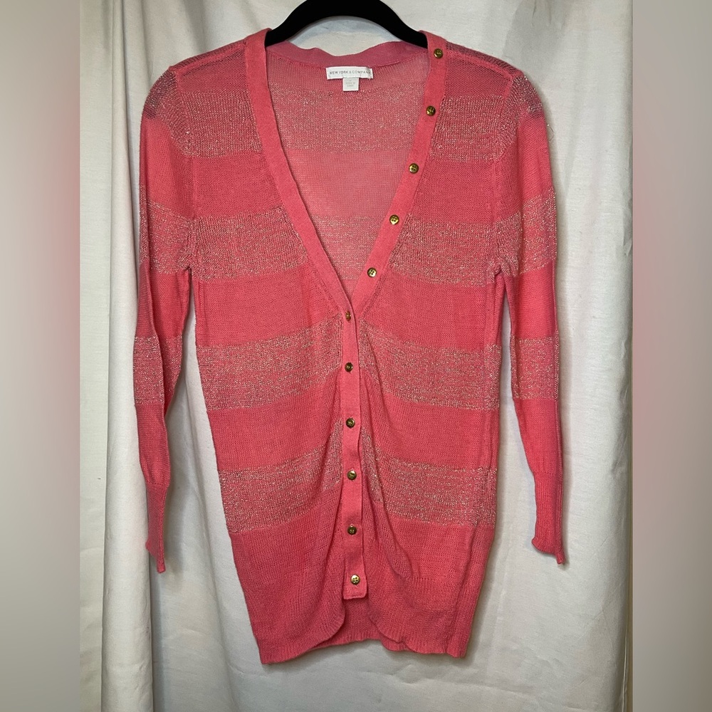 New York & Company Neon & Metallic Pink Stripe Cardigan w/ Gold Button Size M